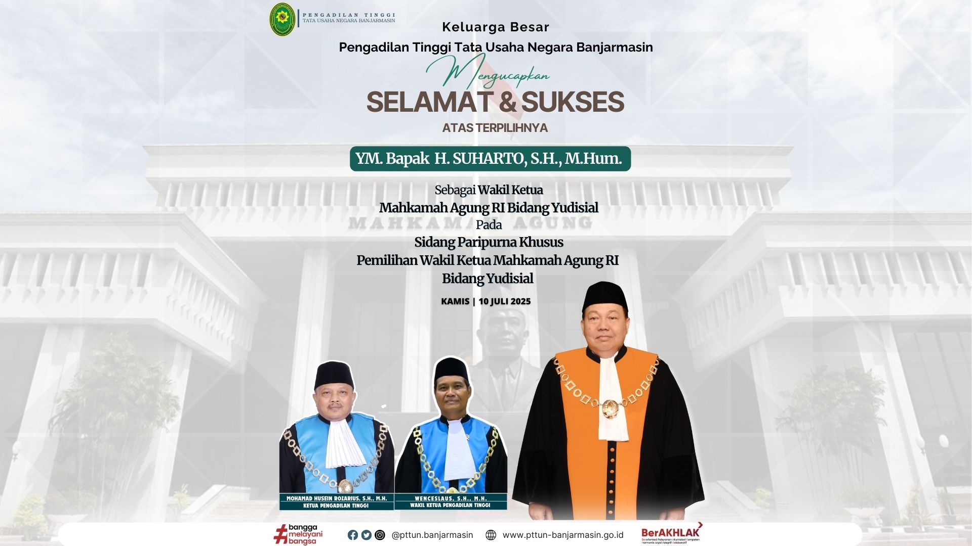 Pengadilan Tinggi TUN Banjarmasin Mengucapkan Selamat Atas Terpilihnya Bapak H.Suharto, S.H., M.Hum. Sebagai Wakil Ketua Bidang Yudisial Mahkamah Agung Republik Indonesia 